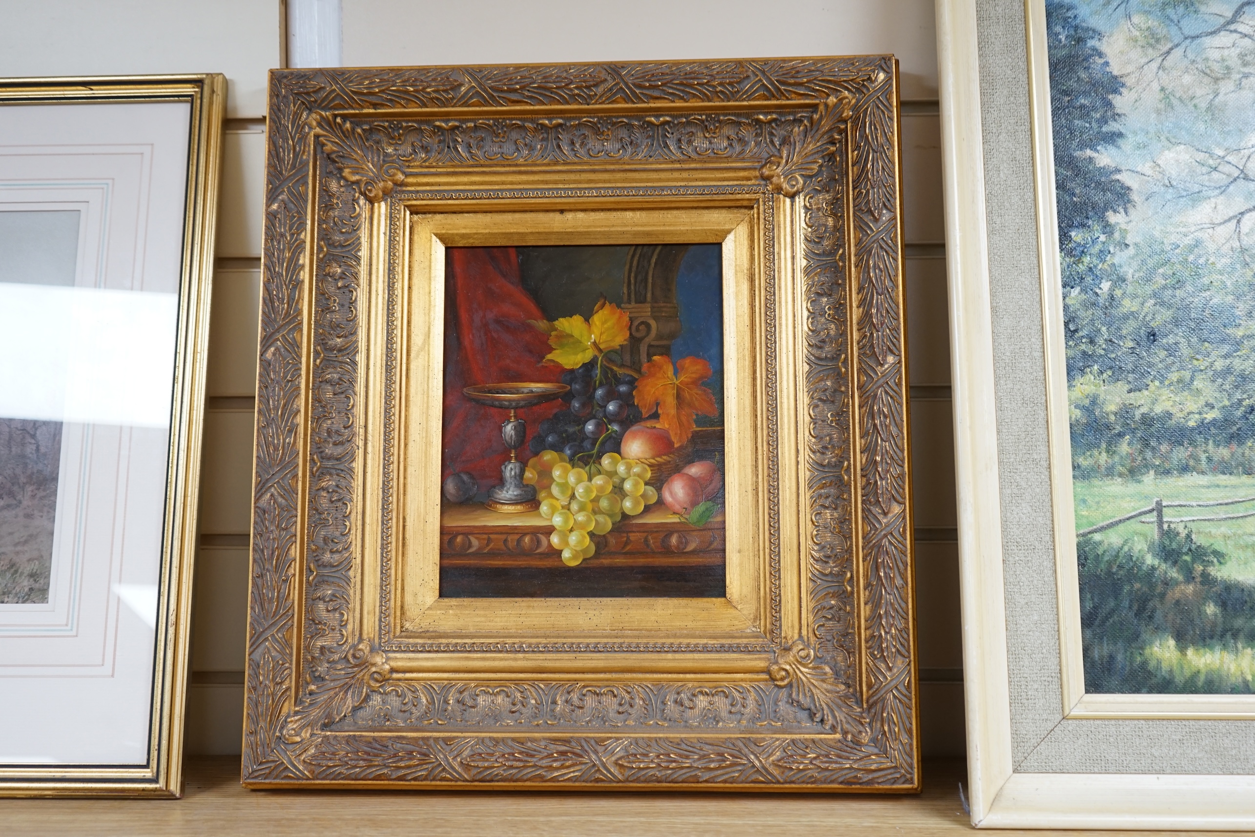 Cartor, Contemporary oil on board in the 17th century Dutch style, Still life of fruit and leaves, 24 x 19cm, ornate gilt framed. Condition - good